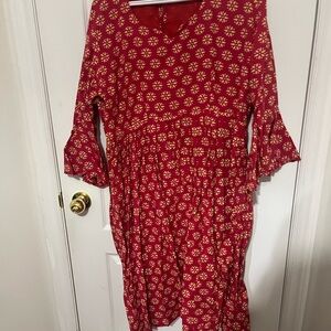 Red Floral Dress with Bell Sleeves